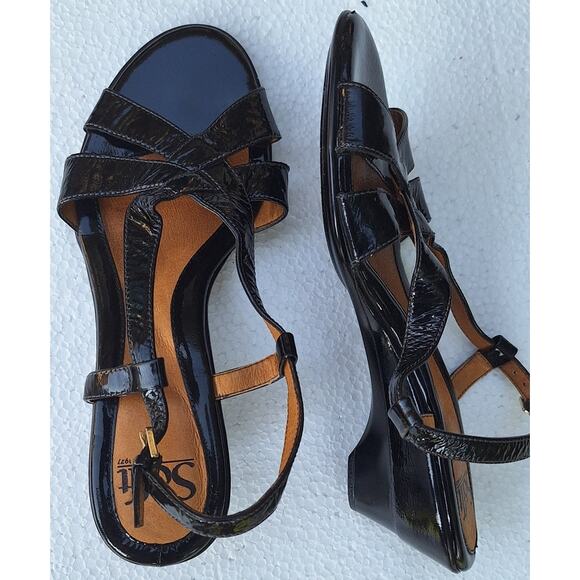 Sofft Andrea Patent Leather Strappy Kitten Wedge Slingback Black Sandal Sz. 8.5 - Picture 1 of 12